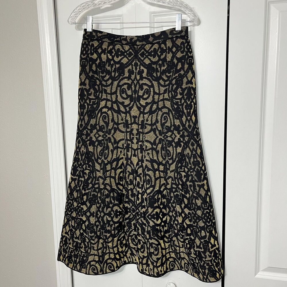 Peruvian Connection Skirt Womens Small Gold Black Knit A Line Midi Metallic